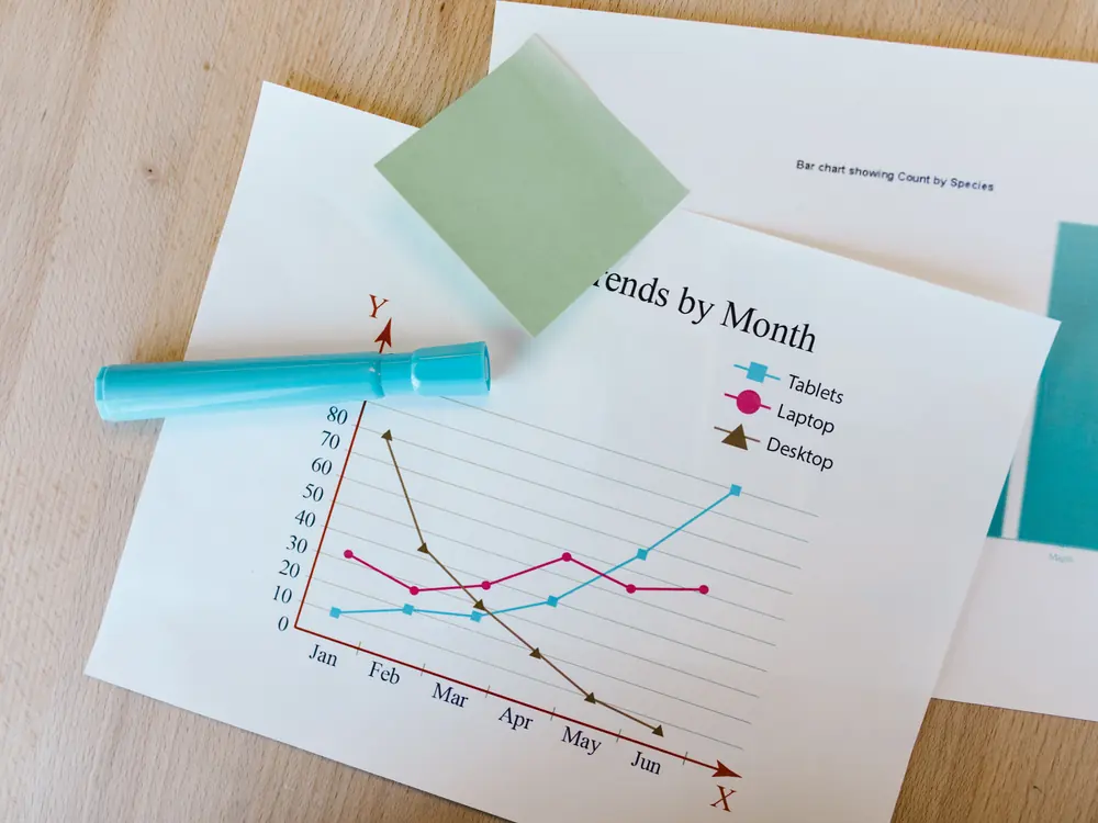 A printed line chart of monthly trends on a desk beside a sage sticky note.